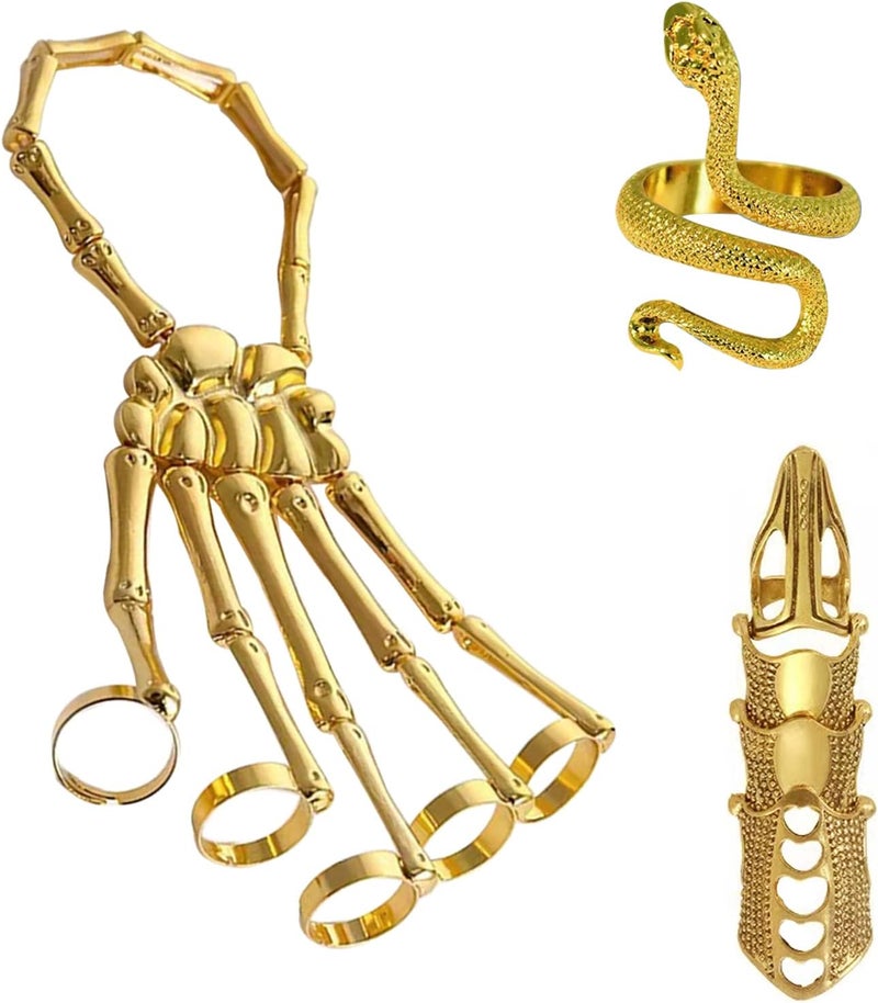 Taichell Store Skeleton Hand Bracelet Halloween Jewelry Decoration Skull Skeleton Hands with Snake Full Finger Rings for Women Men Punk Goth Bracelets Rings Jewelry Halloween Cosplay - Image 1